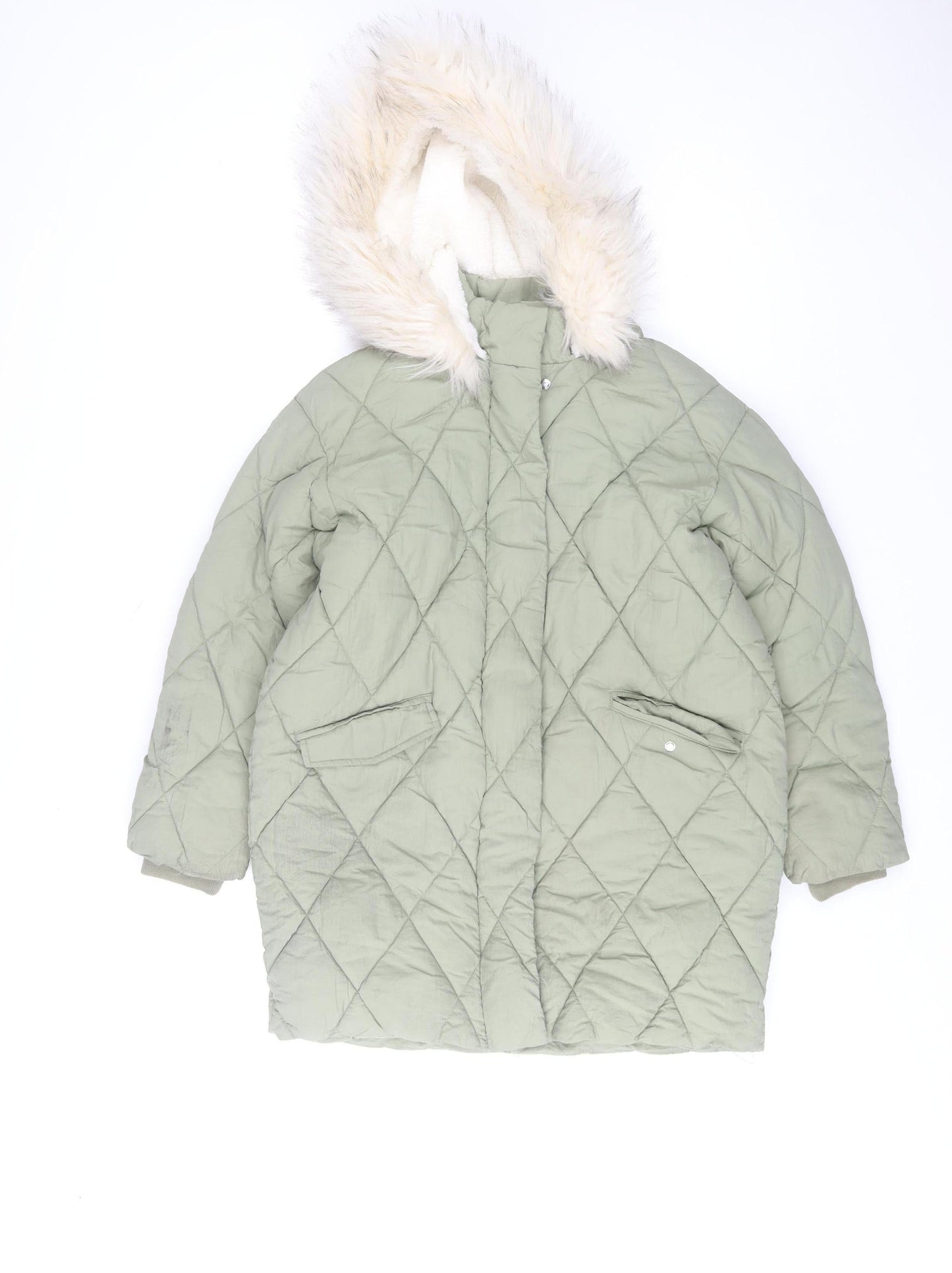 Mint Velvet Girls Green Quilted Hooded Faux Fur Trim Winter Coat 8 Years