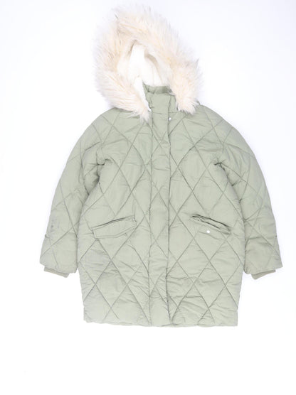 Mint Velvet Girls Green Quilted Hooded Faux Fur Trim Winter Coat 8 Years