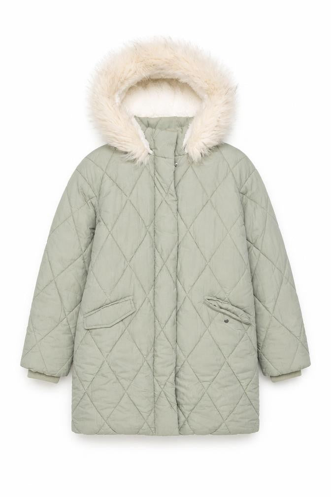Mint Velvet Girls Green Quilted Hooded Faux Fur Trim Winter Coat 8 Years