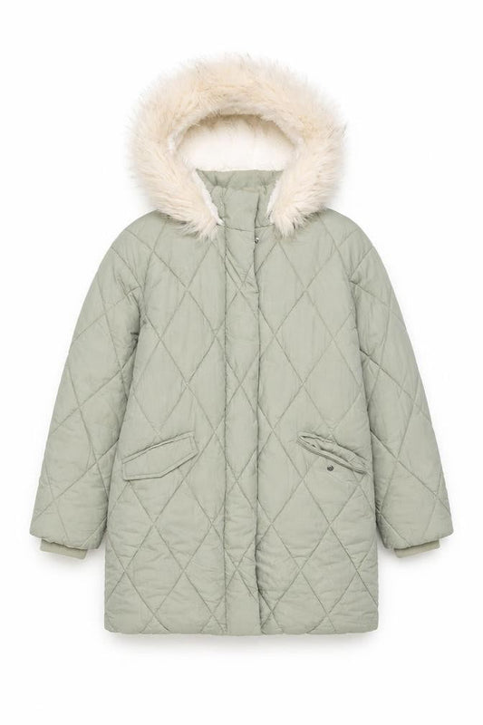 Mint Velvet Girls Green Quilted Hooded Faux Fur Trim Winter Coat 8 Years