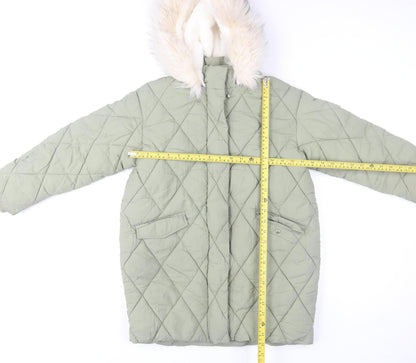 Mint Velvet Girls Green Quilted Hooded Faux Fur Trim Winter Coat 8 Years