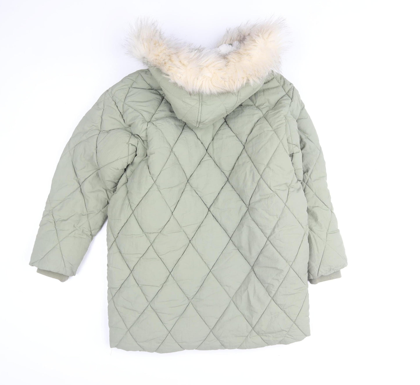 Mint Velvet Girls Green Quilted Hooded Faux Fur Trim Winter Coat 8 Years