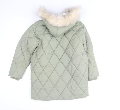 Mint Velvet Girls Green Quilted Hooded Faux Fur Trim Winter Coat 8 Years