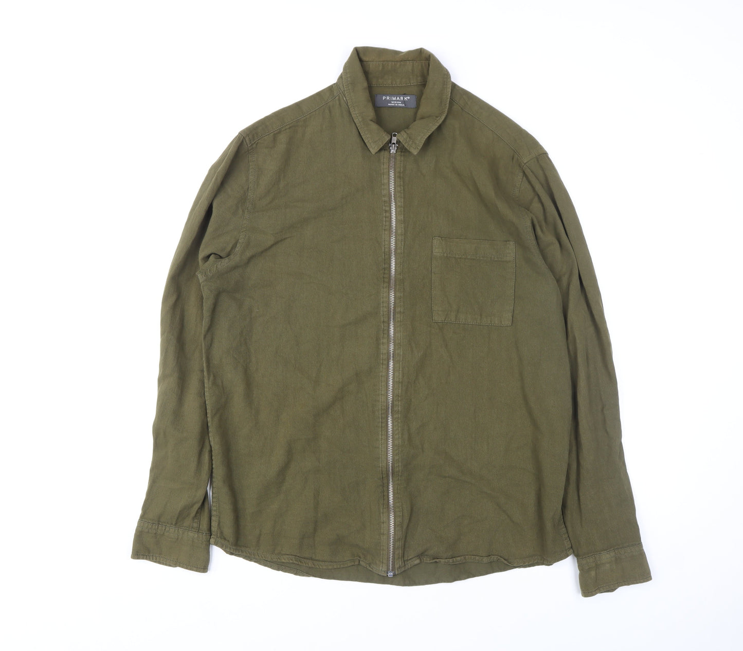 Primark Men's Green Cotton Zip Up Long Sleeve Casual Shirt M