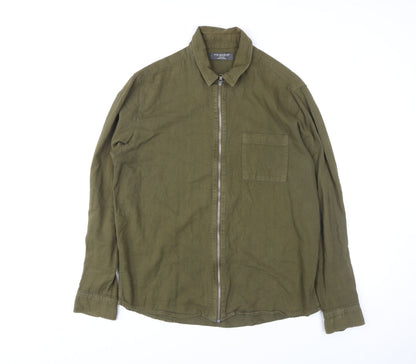 Primark Men's Green Cotton Zip Up Long Sleeve Casual Shirt M