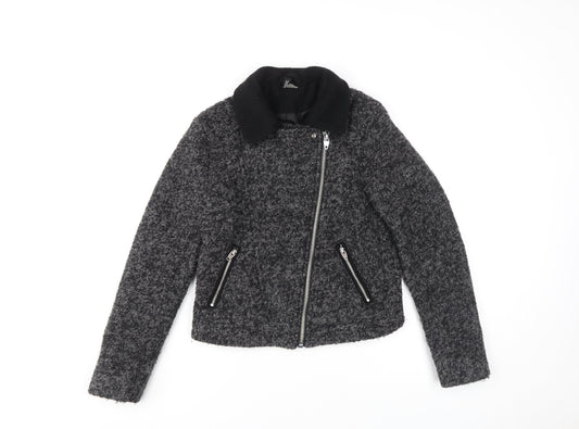 H&M Women Grey Wool Blend Biker Jacket Size 8 Zip Pockets Lined