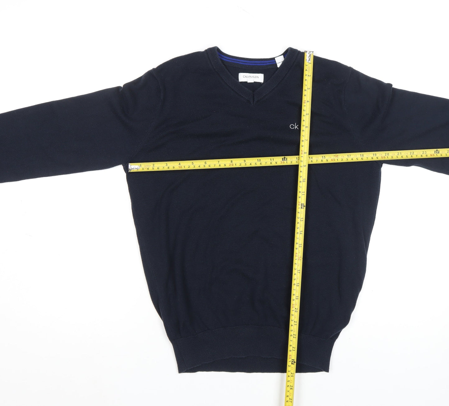 Calvin Klein Men Blue V-Neck Golf Cotton Blend Jumper Size M