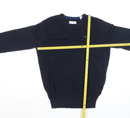 Calvin Klein Men Blue V-Neck Golf Cotton Blend Jumper Size M