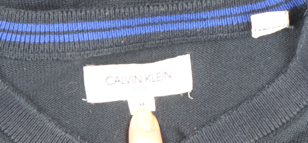 Calvin Klein Men Blue V-Neck Golf Cotton Blend Jumper Size M
