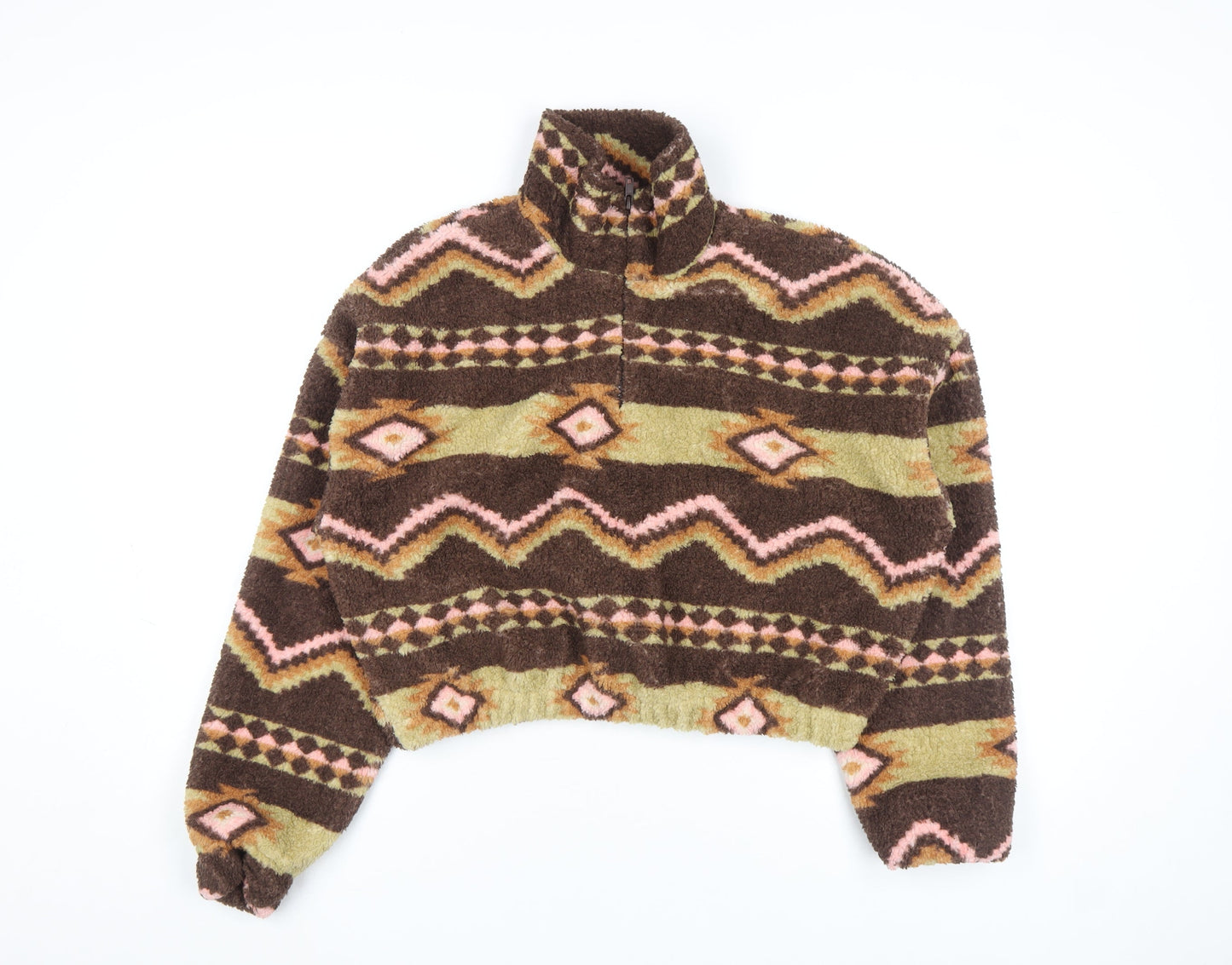 Pull&Bear Women Brown Aztec Fleece Cropped Half Zip Jacket Size 8