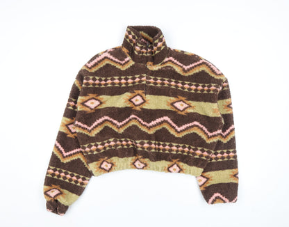 Pull&Bear Women Brown Aztec Fleece Cropped Half Zip Jacket Size 8