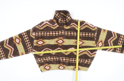 Pull&Bear Women Brown Aztec Fleece Cropped Half Zip Jacket Size 8