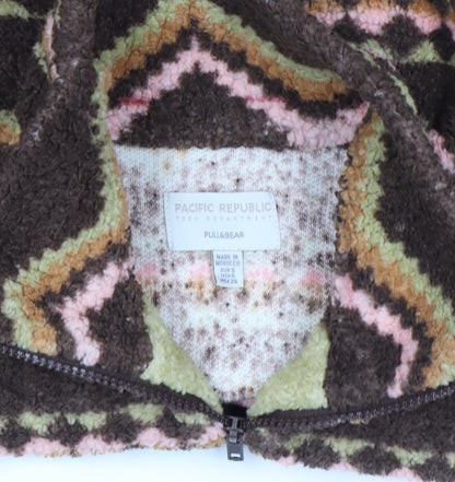 Pull&Bear Women Brown Aztec Fleece Cropped Half Zip Jacket Size 8