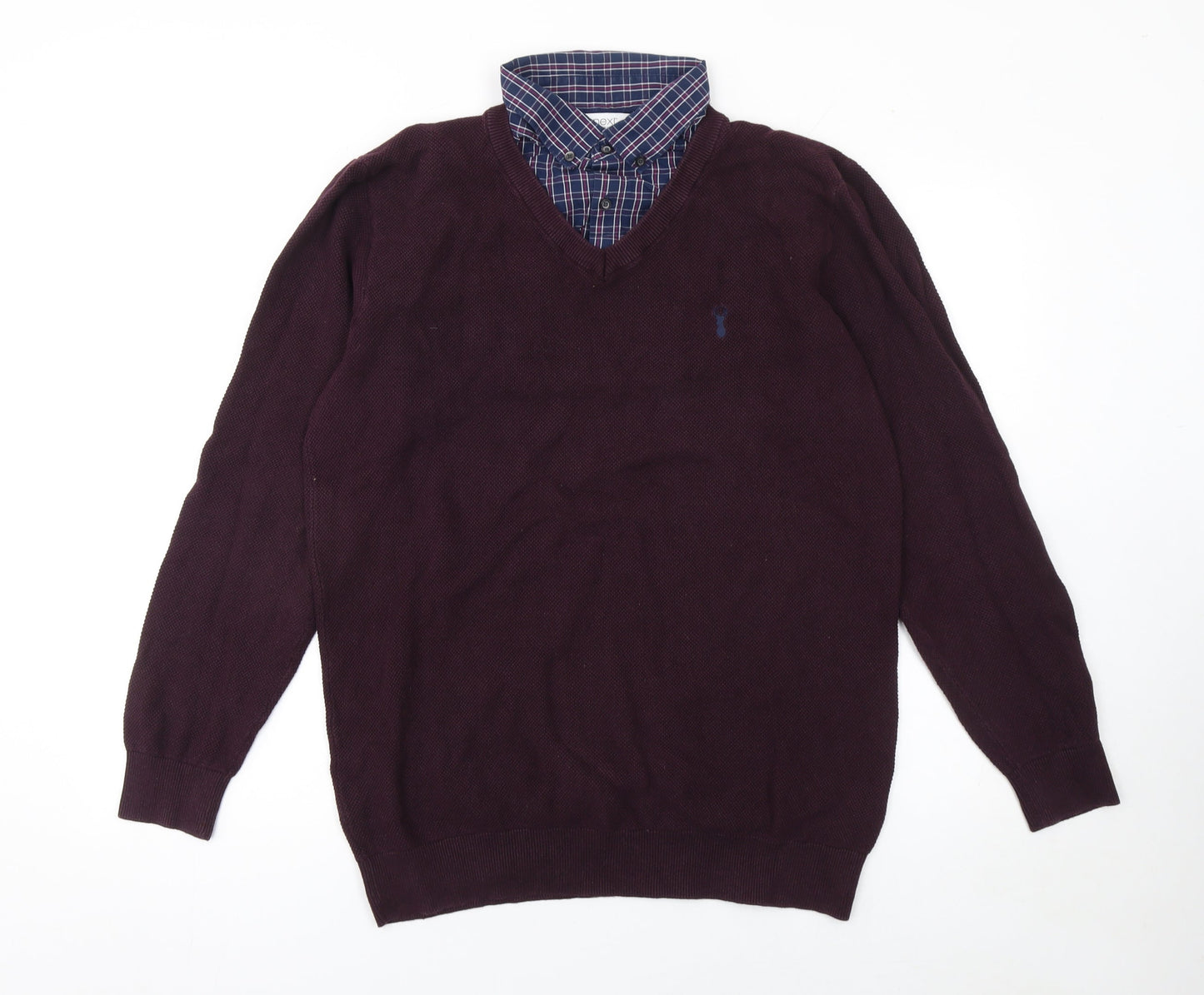 Next Men's Burgundy V-Neck Cotton Jumper L Classic Fit