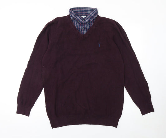 Next Men's Burgundy V-Neck Cotton Jumper L Classic Fit
