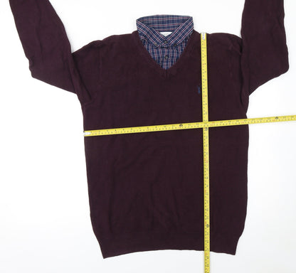 Next Men's Burgundy V-Neck Cotton Jumper L Classic Fit