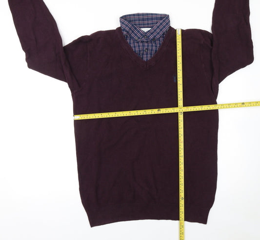 Next Men's Burgundy V-Neck Cotton Jumper L Classic Fit