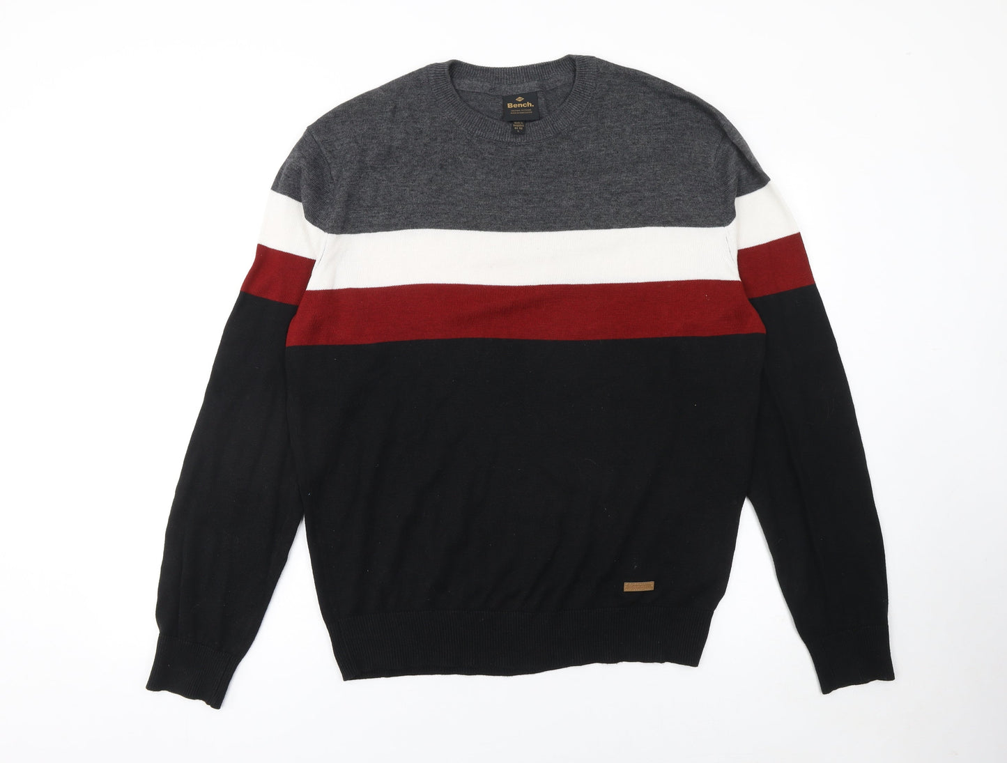 Bench Men's L Black Grey Red Striped Cotton Blend Crew Neck Jumper
