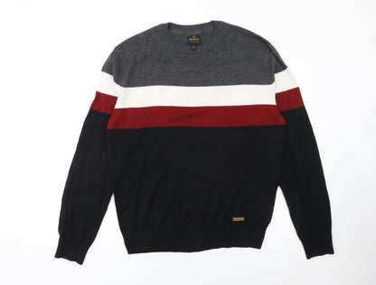 Bench Men's L Black Grey Red Striped Cotton Blend Crew Neck Jumper