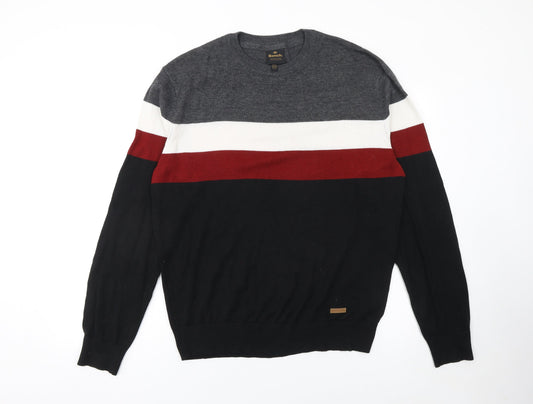 Bench Men's L Black Grey Red Striped Cotton Blend Crew Neck Jumper