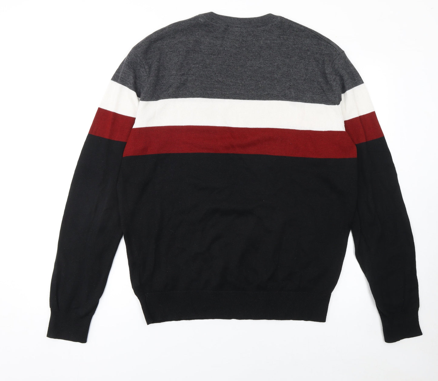 Bench Men's L Black Grey Red Striped Cotton Blend Crew Neck Jumper