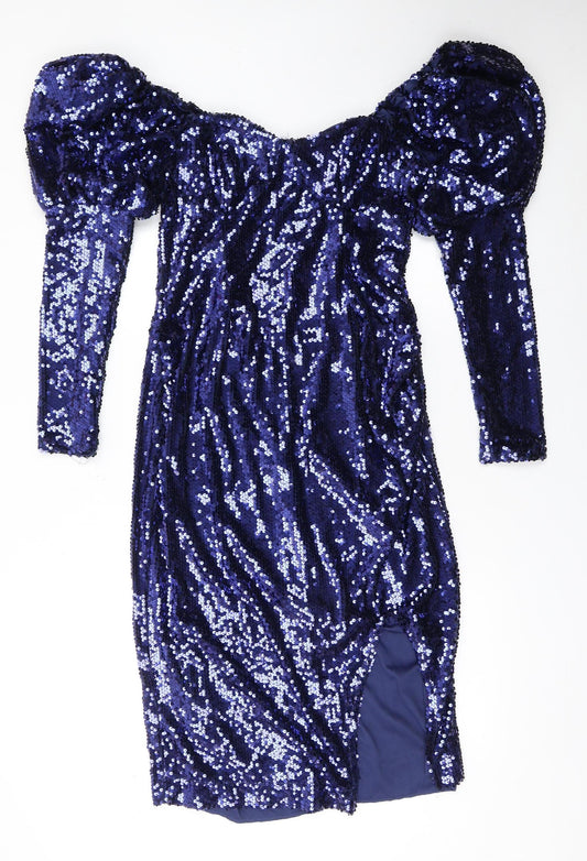 Boohoo Womens Blue Sequin Off Shoulder Bodycon Dress Size 12