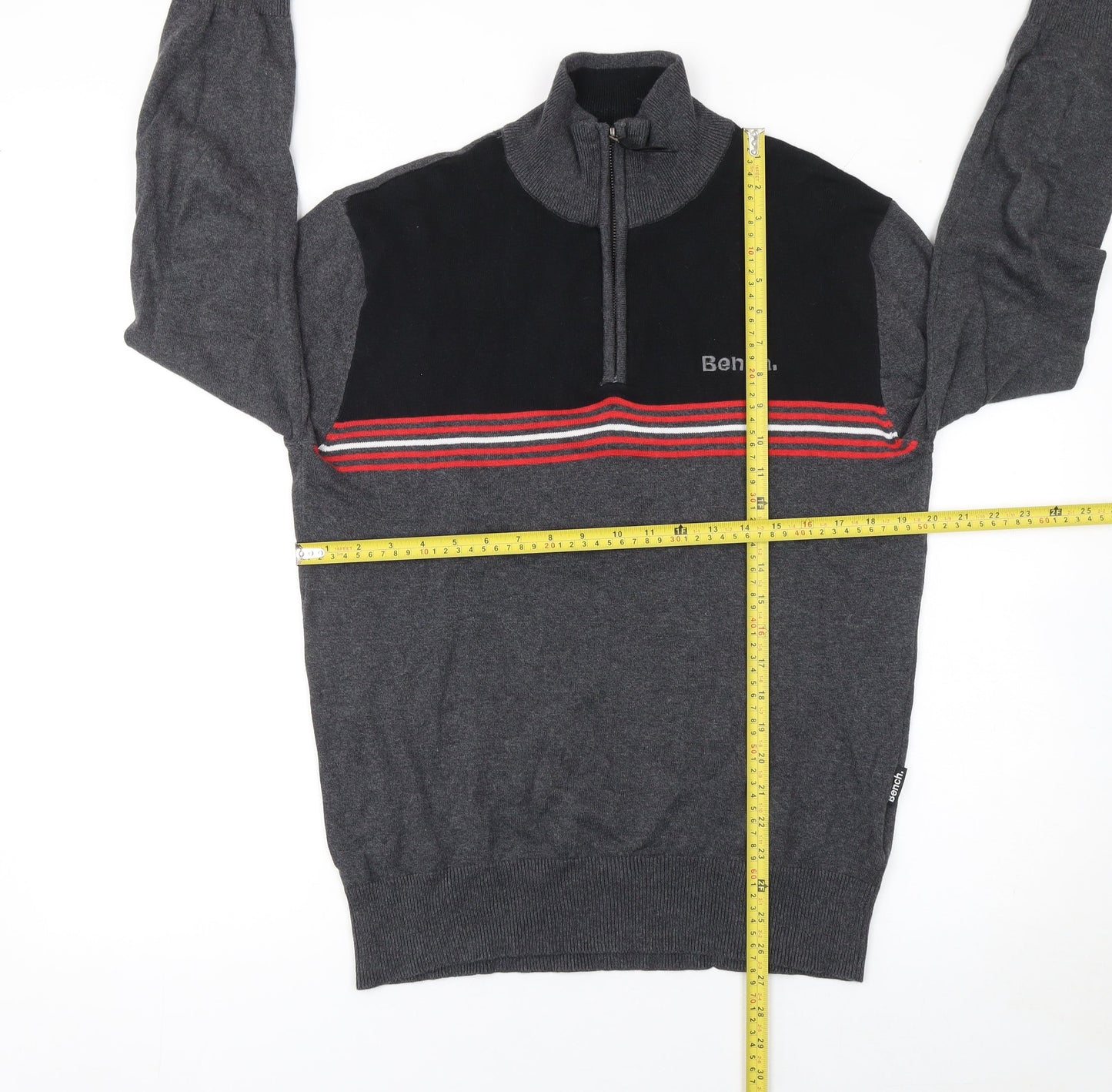Bench Mens Grey 1/2 Zip Cotton Jumper Size L Striped Knit Classic
