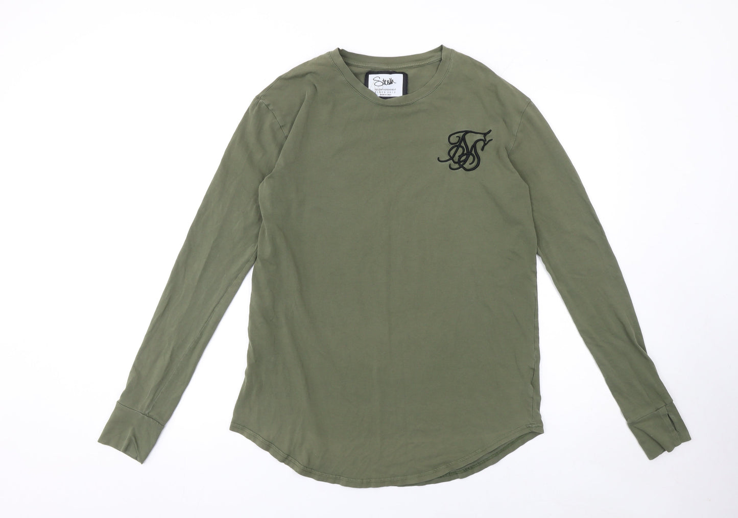 SikSilk Men's Green Long Sleeve Crew Neck Cotton T-Shirt Size S