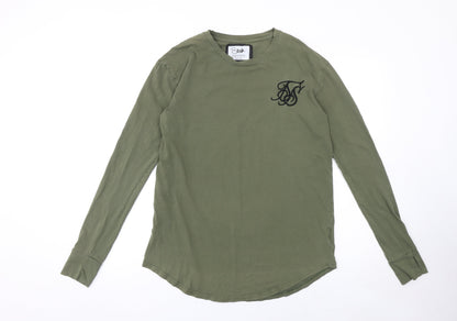 SikSilk Men's Green Long Sleeve Crew Neck Cotton T-Shirt Size S