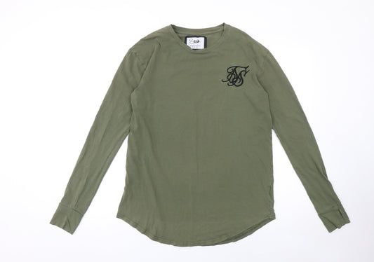 SikSilk Men's Green Long Sleeve Crew Neck Cotton T-Shirt Size S