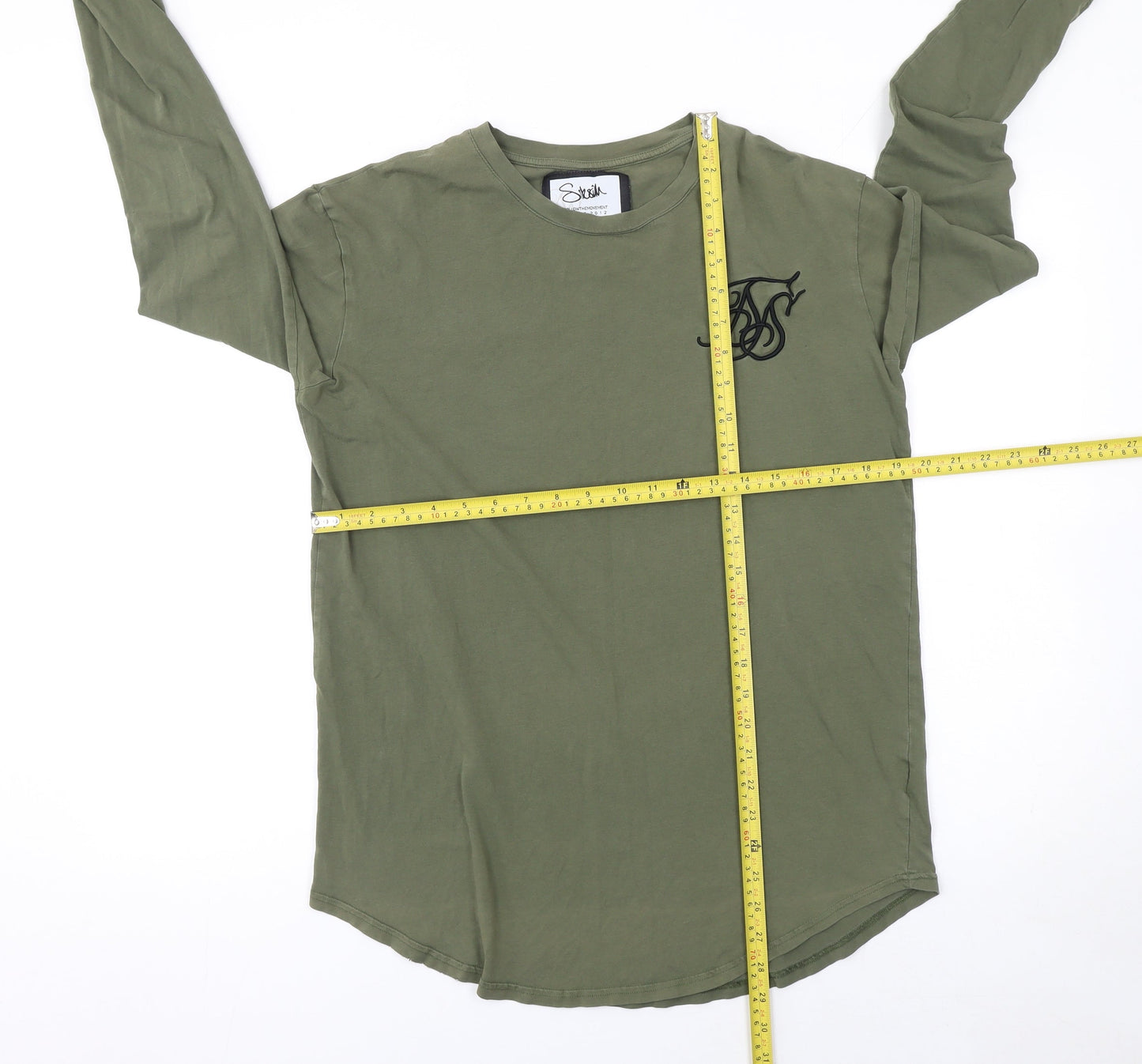 SikSilk Men's Green Long Sleeve Crew Neck Cotton T-Shirt Size S