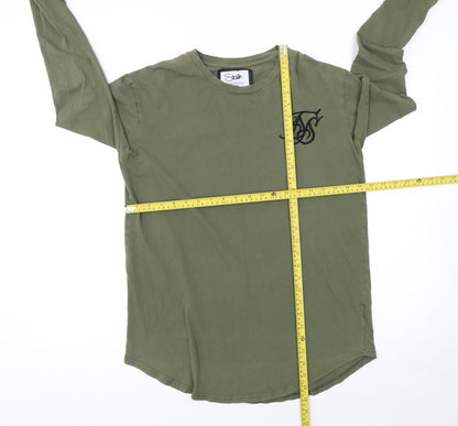 SikSilk Men's Green Long Sleeve Crew Neck Cotton T-Shirt Size S