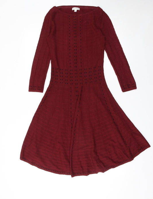 Monsoon Women Red Knit Fit & Flare Dress Size S Long Sleeve