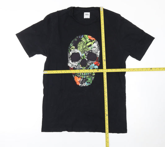 Zara Men’s Black Skull Floral Graphic Crew Neck Cotton T-Shirt M