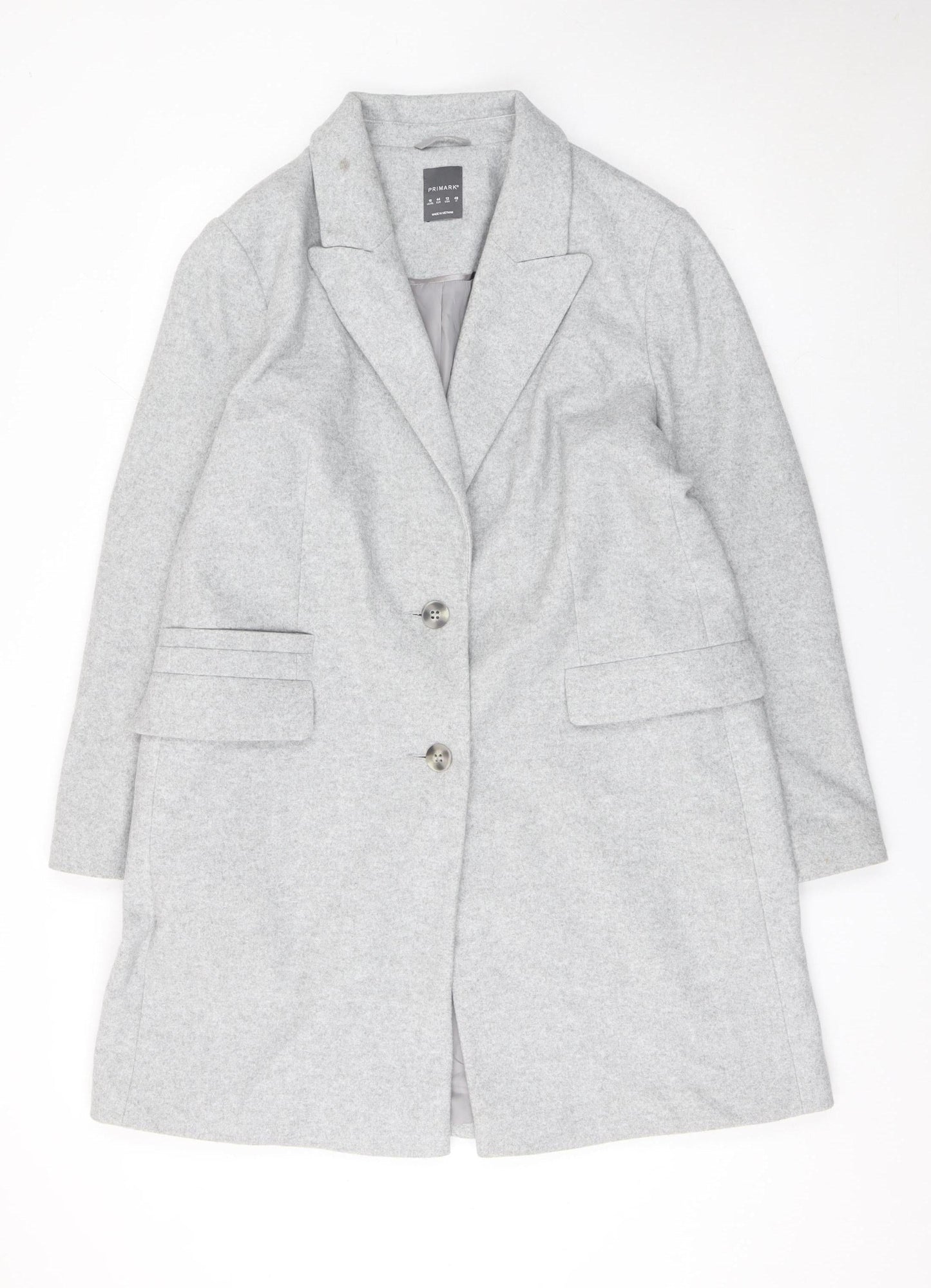 Primark Women Grey Mid-Length Polyester Overcoat Size 16