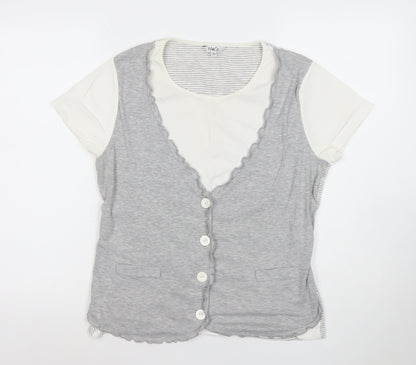 M&Co Women’s Grey Striped Button V-Neck Jersey T-Shirt XL