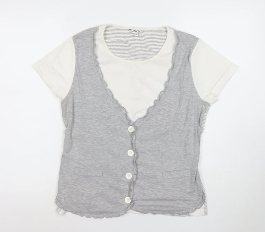 M&Co Women’s Grey Striped Button V-Neck Jersey T-Shirt XL