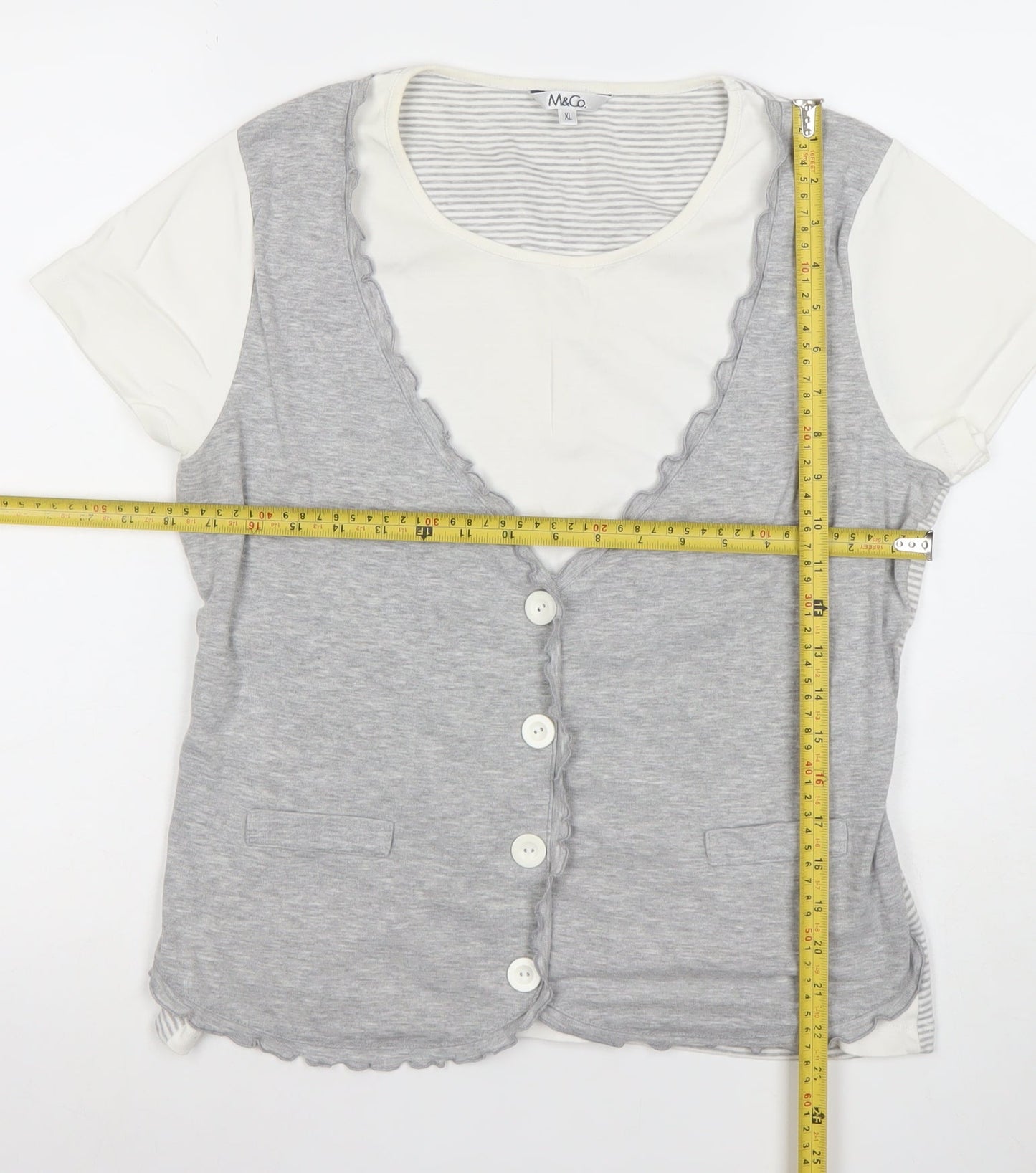 M&Co Women’s Grey Striped Button V-Neck Jersey T-Shirt XL