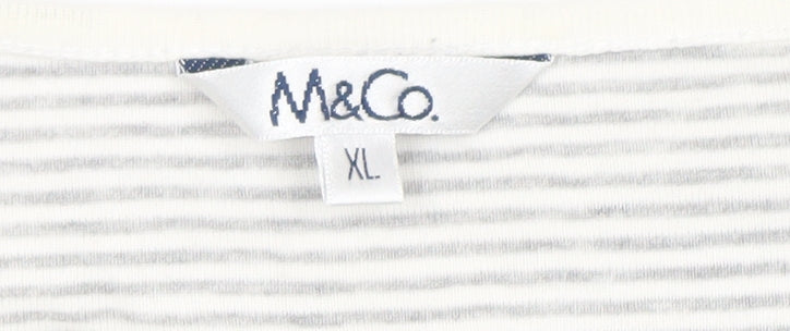 M&Co Women’s Grey Striped Button V-Neck Jersey T-Shirt XL