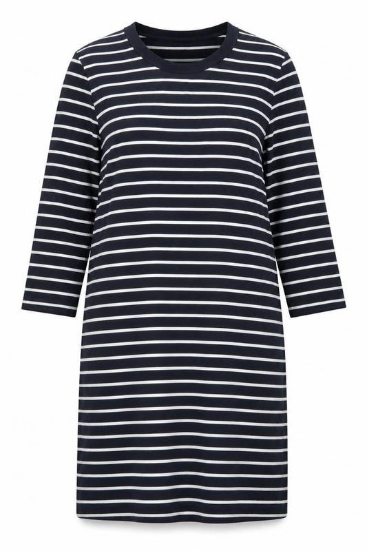 Front view of French Connection Women Blue Stripe T-Shirt Dress, size 12