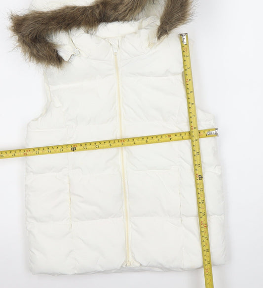 Gap Kids Girls Ivory Puffer Hooded Gilet 10-11 Years Faux Fur Trim Zip Waistcoat