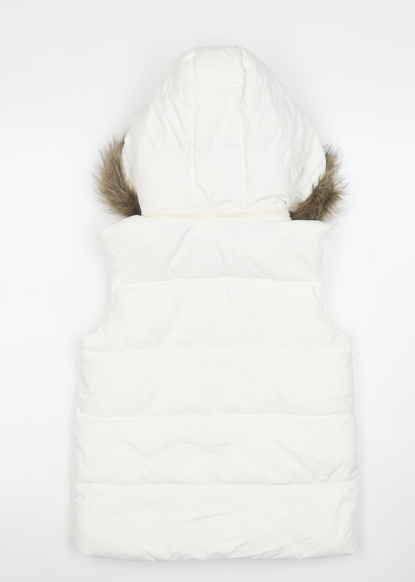 Gap Kids Girls Ivory Puffer Hooded Gilet 10-11 Years Faux Fur Trim Zip Waistcoat