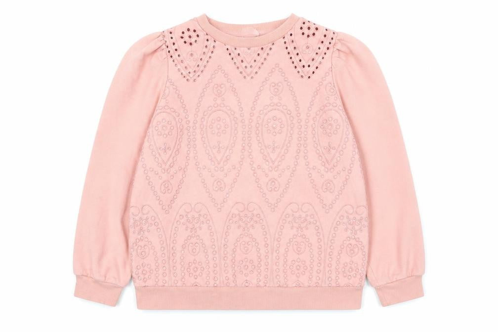 Front view of Palmer girls’ pink cotton blend long sleeve pullover sweatshirt 7-8 years