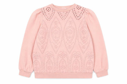 Front view of Palmer girls’ pink cotton blend long sleeve pullover sweatshirt 7-8 years