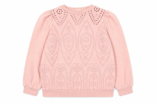 Front view of Palmer girls’ pink cotton blend long sleeve pullover sweatshirt 7-8 years