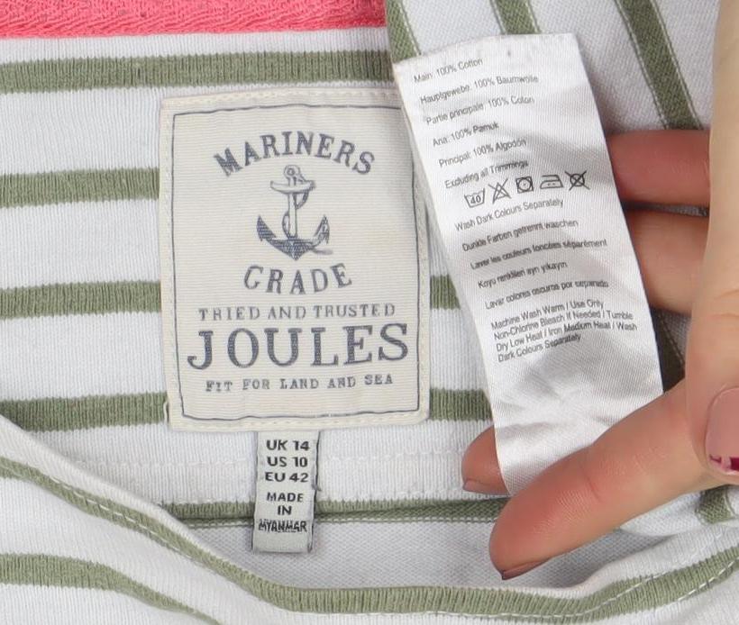 Joules Women’s Green White Striped Boat Neck 3/4 Sleeve Cotton T-Shirt Size 14