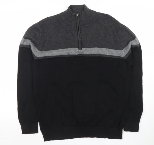 TU Mens Black Grey 1/4 Zip High Neck Cotton Jumper M