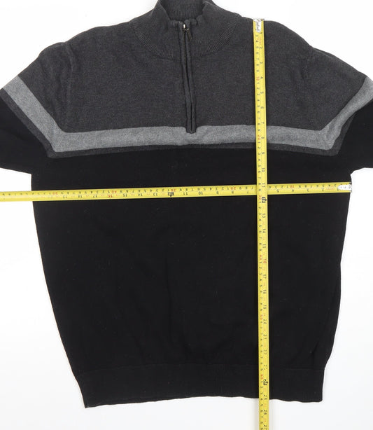 TU Mens Black Grey 1/4 Zip High Neck Cotton Jumper M