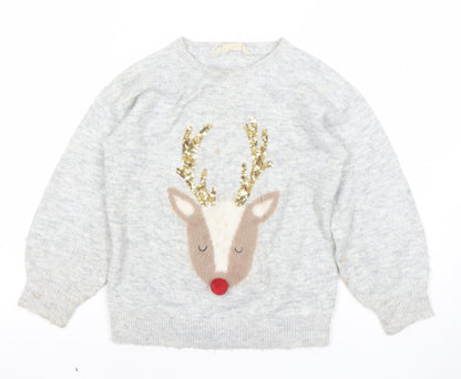 John Lewis Girls Grey Sequin Reindeer Christmas Jumper Size 6 Years