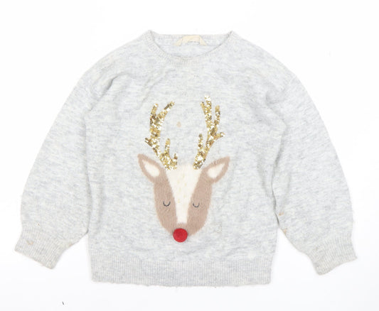 John Lewis Girls Grey Sequin Reindeer Christmas Jumper Size 6 Years